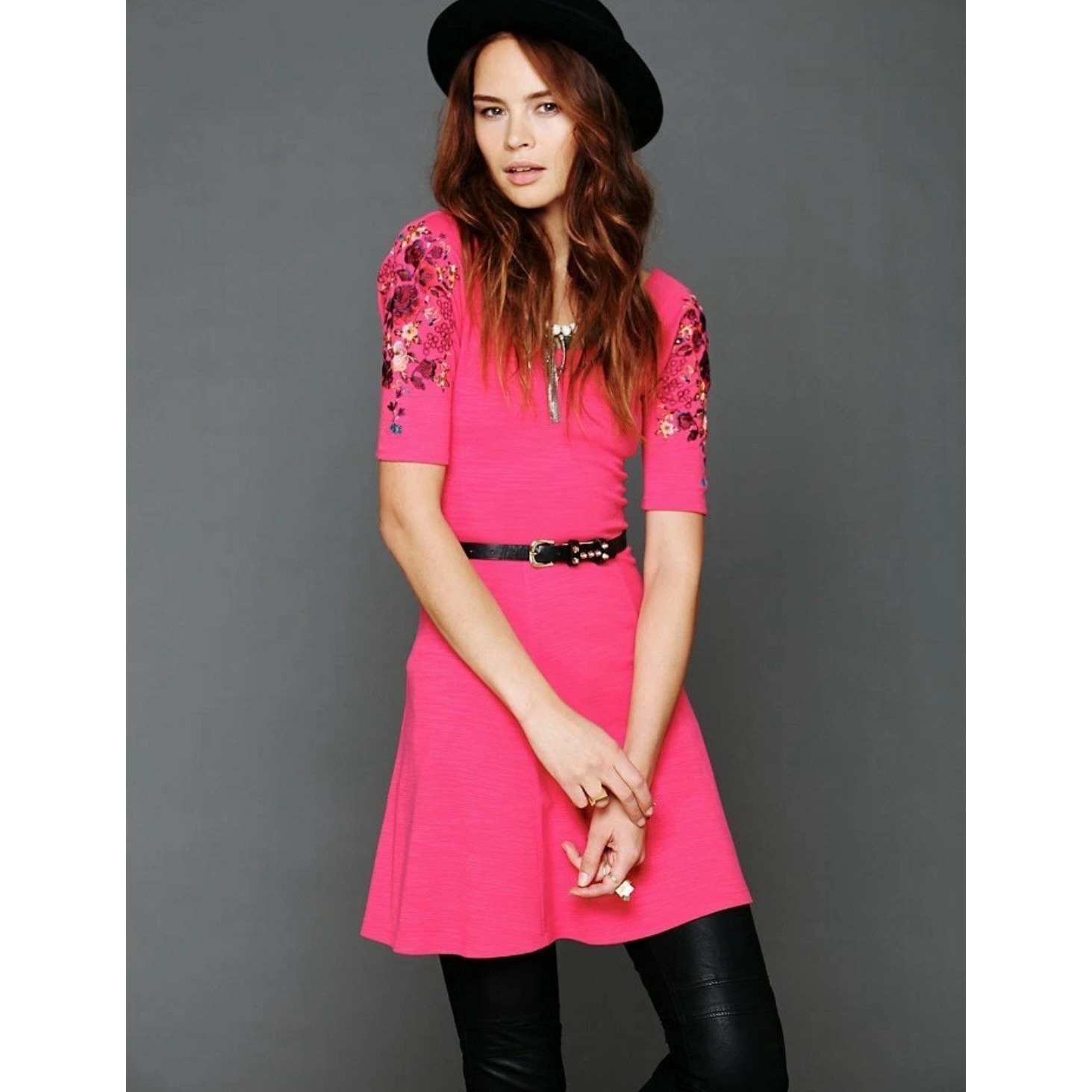 Free People Shirt Dress Xs Pink Floral Garden Sleeve Embroidered Fit & Flare